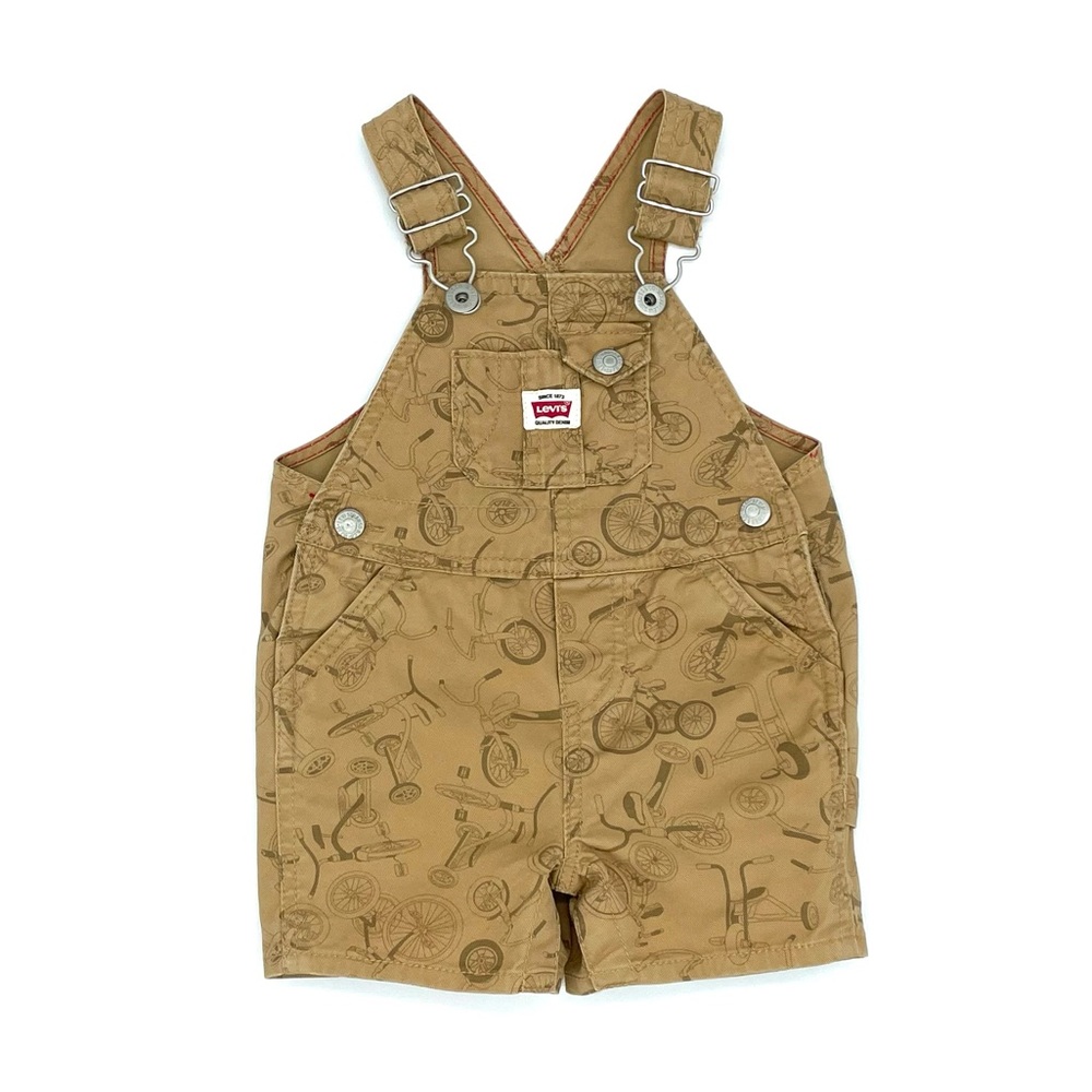 EUC Levi’s Baby Boys Tricycle Print Denim Canvas Shortall Romper in Brown 6-9M